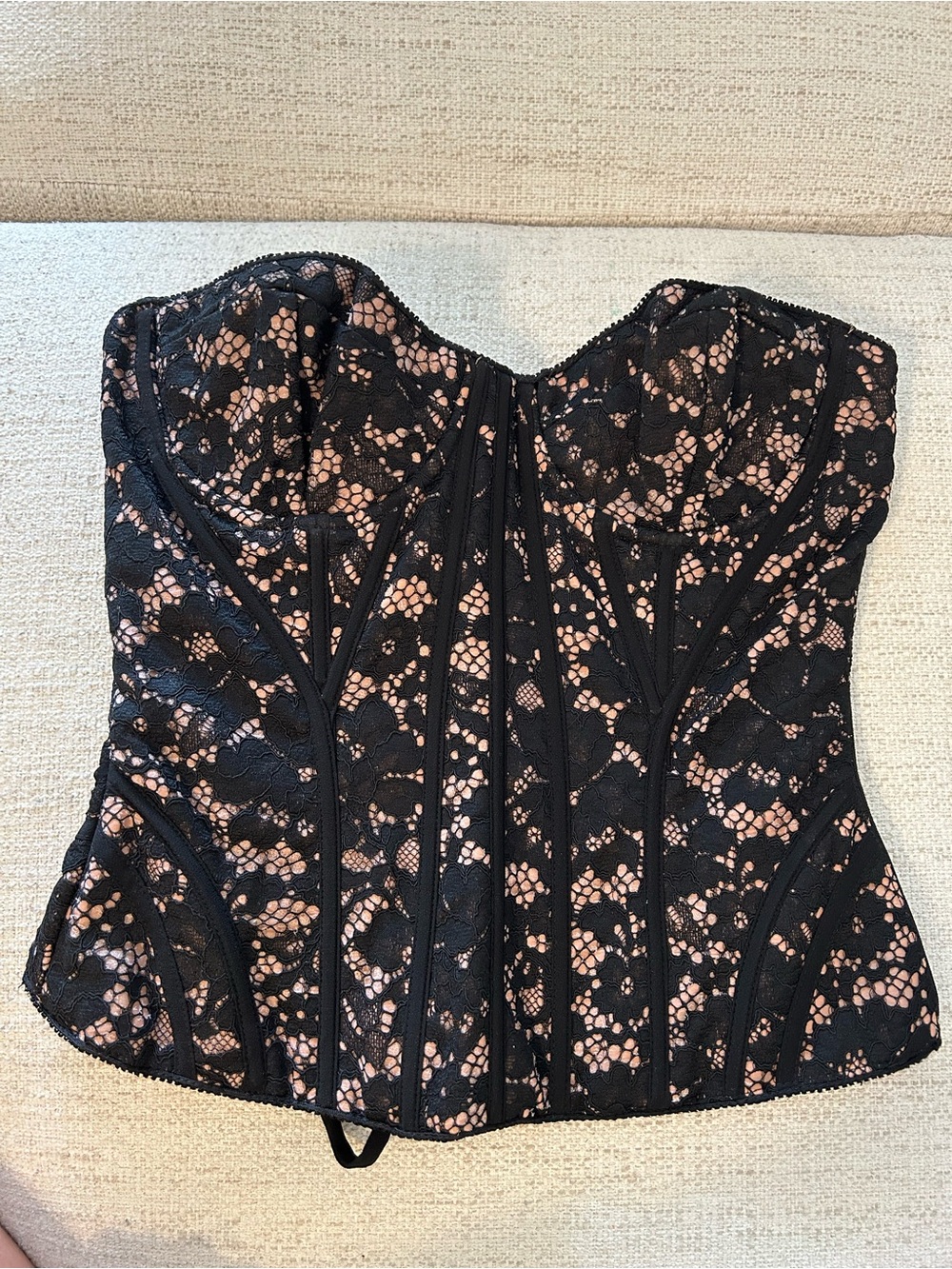 House of CB Solaine Black Lace Strapless Corset Top with Nude Lining Small NWOT